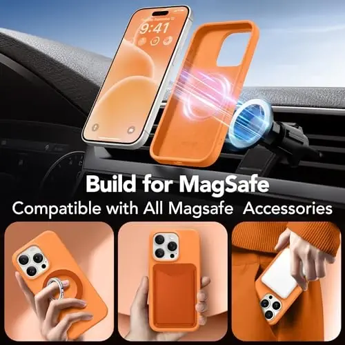 GONEZ Magnetic for iPhone 15 Pro Case, Silicone Cover Orange | Compatible with MagSafe, Camera Button & Screen Protector, Microfiber Lining, 3 Layers Soft Gel Rubber Shockproof Slim 6.1
