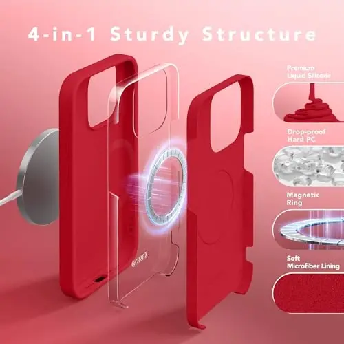 GONEZ Magnetic for iPhone 15 Pro Max Case, Silicone Cover Red | Compatible with MagSafe, Camera Button & Screen Protector, Microfiber Lining, 3 Layers Soft Gel Rubber Shockproof Slim 6.7