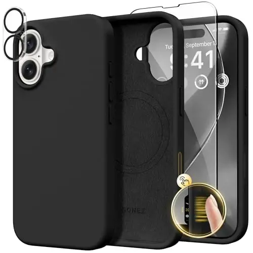 GONEZ Magnetic for iPhone 16 Case, Compatible with MagSafe, [Screen Protector + Camera Lens Protector], Liquid Silicone Shockproof Protective Phone Case for iPhone 16 6.1