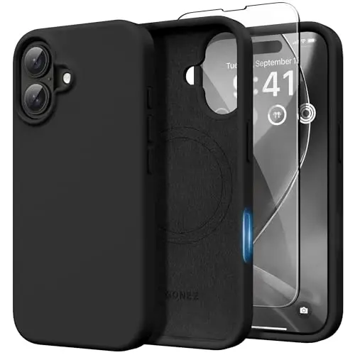 GONEZ Magnetic for iPhone 16 Case, [Compatible with MagSafe] Anti-Scratch Microfiber Lining & Screen Protector, Silicone Camera Control, Shockproof Slim Phone Cover 6.1 inch, Black 