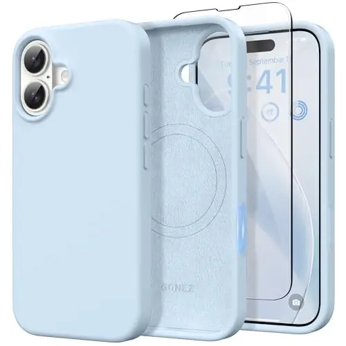 GONEZ Magnetic for iPhone 16 Case, [Compatible with MagSafe] Anti-Scratch Microfiber Lining & Screen Protector, Silicone Camera Control, Shockproof Slim Phone Cover 6.1 inch, Blue - GONEZ