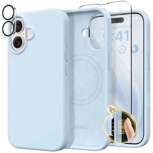 GONEZ Magnetic for iPhone 16 Case, Compatible with MagSafe, [Screen Protector + Camera Lens Protector], Liquid Silicone Shockproof Protective Phone Case for iPhone 16 6.1