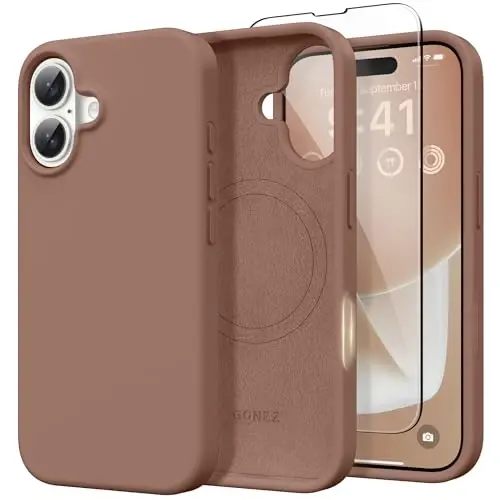 GONEZ Magnetic for iPhone 16 Case, [Compatible with MagSafe] Anti-Scratch Microfiber Lining & Screen Protector, Silicone Camera Control, Shockproof Slim Phone Cover 6.1 inch, Brown - GONEZ
