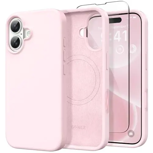GONEZ Magnetic for iPhone 16 Case, [Compatible with MagSafe] Anti-Scratch Microfiber Lining & Screen Protector, Silicone Camera Control, Shockproof Slim Phone Cover 6.1 inch, Chalk Pink - 1