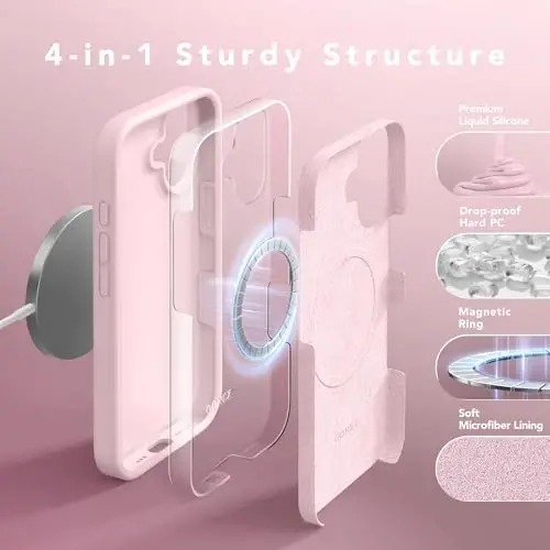 GONEZ Magnetic for iPhone 16 Case, [Compatible with MagSafe] Anti-Scratch Microfiber Lining & Screen Protector, Silicone Camera Control, Shockproof Slim Phone Cover 6.1 inch, Chalk Pink - 2