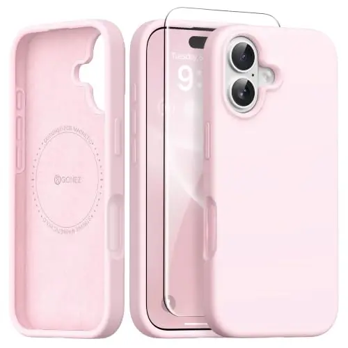 GONEZ Magnetic for iPhone 16 Case, [Compatible with MagSafe] Anti-Scratch Microfiber Lining & Screen Protector, Silicone Camera Control, Shockproof Slim Phone Cover 6.1 inch, Chalk Pink - GONEZ