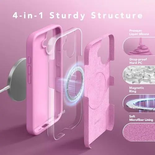 GONEZ Magnetic for iPhone 16 Case, [Compatible with MagSafe] Anti-Scratch Microfiber Lining & Screen Protector, Silicone Camera Control, Shockproof Slim Phone Cover 6.1 inch, Cherry Blossom - 6