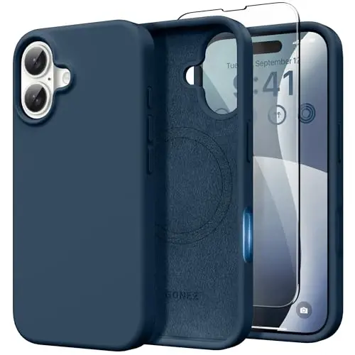 GONEZ Magnetic for iPhone 16 Case, [Compatible with MagSafe] Anti-Scratch Microfiber Lining & Screen Protector, Silicone Camera Control, Shockproof Slim Phone Cover 6.1 inch, Dark Blue - GONEZ
