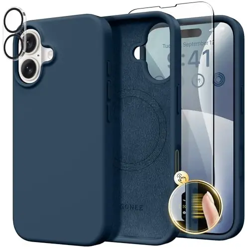 GONEZ Magnetic for iPhone 16 Case, Compatible with MagSafe, [Screen Protector + Camera Lens Protector], Liquid Silicone Shockproof Protective Phone Case for iPhone 16 6.1