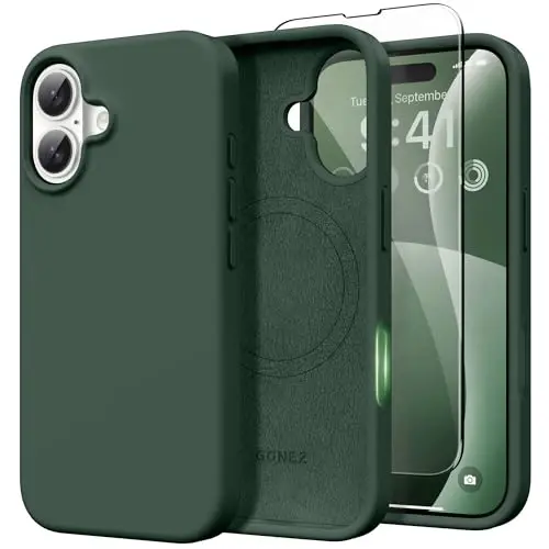 GONEZ Magnetic for iPhone 16 Case, [Compatible with MagSafe] Anti-Scratch Microfiber Lining & Screen Protector, Silicone Camera Control, Shockproof Slim Phone Cover 6.1 inch, Dark Green - 1