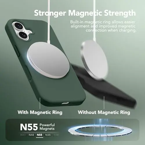 GONEZ Magnetic for iPhone 16 Case, [Compatible with MagSafe] Anti-Scratch Microfiber Lining & Screen Protector, Silicone Camera Control, Shockproof Slim Phone Cover 6.1 inch, Dark Green - 3