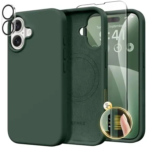 GONEZ Magnetic for iPhone 16 Case, Compatible with MagSafe, [Screen Protector + Camera Lens Protector], Liquid Silicone Shockproof Protective Phone Case for iPhone 16 6.1