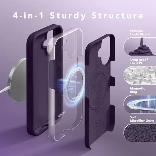GONEZ Magnetic for iPhone 16 Case, [Compatible with MagSafe] Anti-Scratch Microfiber Lining & Screen Protector, Silicone Camera Control, Shockproof Slim Phone Cover 6.1 inch, Deep Purple - 6