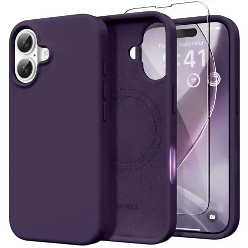 GONEZ Magnetic for iPhone 16 Case, [Compatible with MagSafe] Anti-Scratch Microfiber Lining & Screen Protector, Silicone Camera Control, Shockproof Slim Phone Cover 6.1 inch, Deep Purple - 1