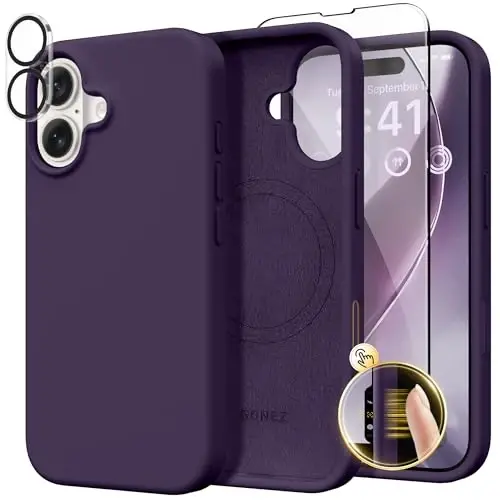 GONEZ Magnetic for iPhone 16 Case, Compatible with MagSafe, [Screen Protector + Camera Lens Protector], Liquid Silicone Shockproof Protective Phone Case for iPhone 16 6.1