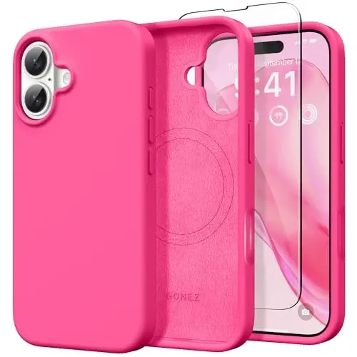 GONEZ Magnetic for iPhone 16 Case, [Compatible with MagSafe] Anti-Scratch Microfiber Lining & Screen Protector, Silicone Camera Control, Shockproof Slim Phone Cover 6.1 inch, Hot Pink 