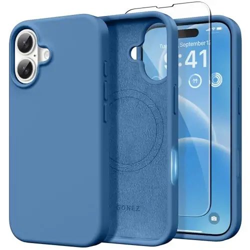GONEZ Magnetic for iPhone 16 Case, [Compatible with MagSafe] Anti-Scratch Microfiber Lining & Screen Protector, Silicone Camera Control, Shockproof Slim Phone Cover 6.1 inch, Lake Blue - 1