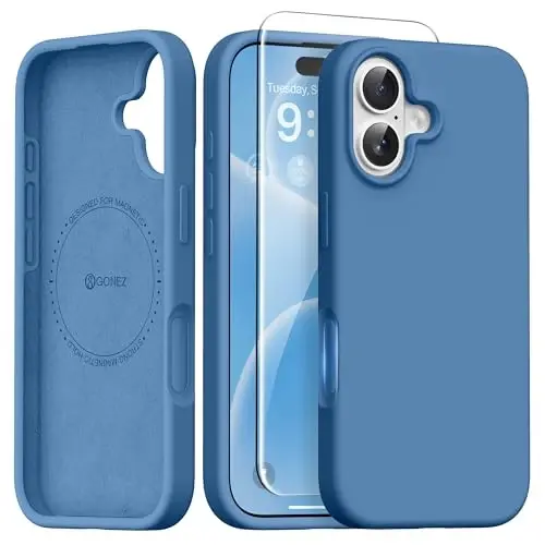 GONEZ Magnetic for iPhone 16 Case, [Compatible with MagSafe] Anti-Scratch Microfiber Lining & Screen Protector, Silicone Camera Control, Shockproof Slim Phone Cover 6.1 inch, Lake Blue - 1