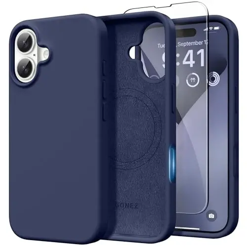 GONEZ Magnetic for iPhone 16 Case, [Compatible with MagSafe] Anti-Scratch Microfiber Lining & Screen Protector, Silicone Camera Control, Shockproof Slim Phone Cover 6.1 inch, Midnight Blue - 1