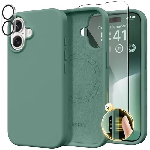 GONEZ Magnetic for iPhone 16 Case, Compatible with MagSafe, [Screen Protector + Camera Lens Protector], Liquid Silicone Shockproof Protective Phone Case for iPhone 16 6.1
