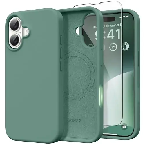 GONEZ Magnetic for iPhone 16 Case, [Compatible with MagSafe] Anti-Scratch Microfiber Lining & Screen Protector, Silicone Camera Control, Shockproof Slim Phone Cover 6.1 inch, Midnight Green 