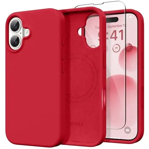 GONEZ Magnetic for iPhone 16 Case, [Compatible with MagSafe] Anti-Scratch Microfiber Lining & Screen Protector, Silicone Camera Control, Shockproof Slim Phone Cover 6.1 inch, Red - 1