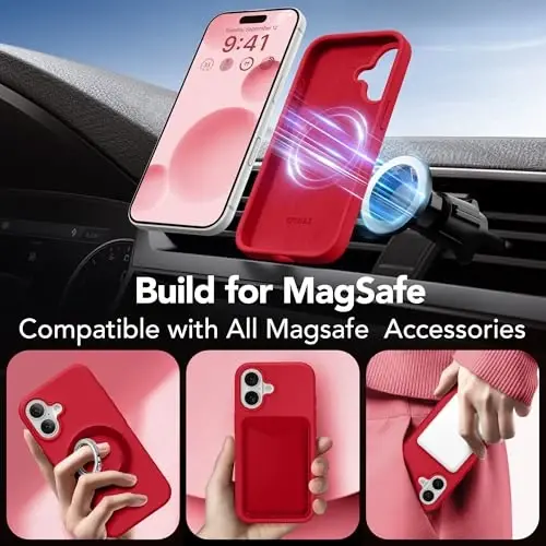 GONEZ Magnetic for iPhone 16 Case, [Compatible with MagSafe] Anti-Scratch Microfiber Lining & Screen Protector, Silicone Camera Control, Shockproof Slim Phone Cover 6.1 inch, Red - 5