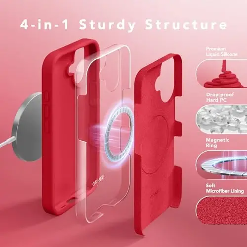 GONEZ Magnetic for iPhone 16 Case, [Compatible with MagSafe] Anti-Scratch Microfiber Lining & Screen Protector, Silicone Camera Control, Shockproof Slim Phone Cover 6.1 inch, Red - 6