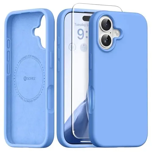 GONEZ Magnetic for iPhone 16 Case, [Compatible with MagSafe] Anti-Scratch Microfiber Lining & Screen Protector, Silicone Camera Control, Shockproof Slim Phone Cover 6.1 inch, Sky Blue 