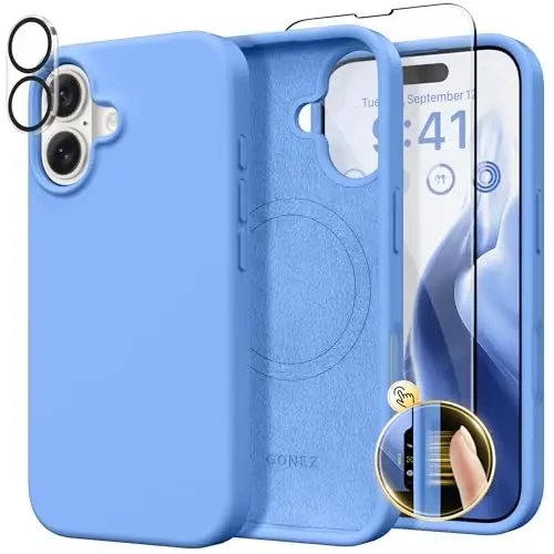 GONEZ Magnetic for iPhone 16 Case, Compatible with MagSafe, [Screen Protector + Camera Lens Protector], Liquid Silicone Shockproof Protective Phone Case for iPhone 16 6.1