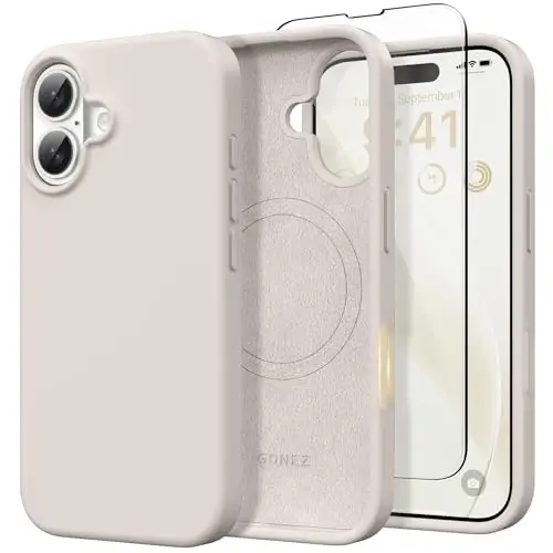 GONEZ Magnetic for iPhone 16 Case, [Compatible with MagSafe] Anti-Scratch Microfiber Lining & Screen Protector, Silicone Camera Control, Shockproof Slim Phone Cover 6.1 inch, Stone - GONEZ
