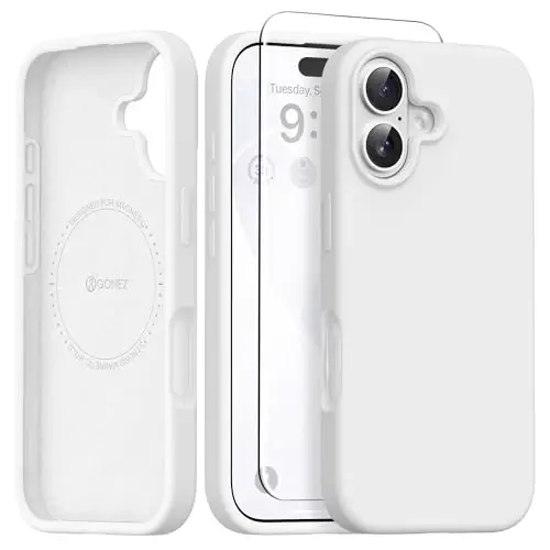 GONEZ Magnetic for iPhone 16 Case, [Compatible with MagSafe] Anti-Scratch Microfiber Lining & Screen Protector, Silicone Camera Control, Shockproof Slim Phone Cover 6.1 inch, White 