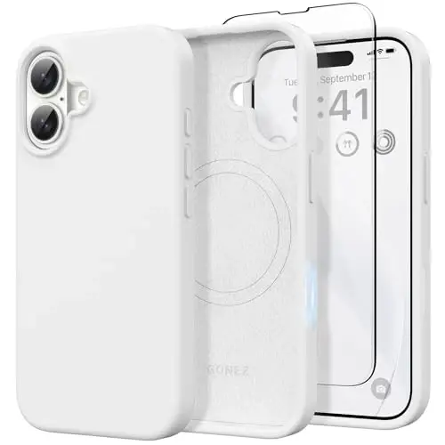 GONEZ Magnetic for iPhone 16 Case, [Compatible with MagSafe] Anti-Scratch Microfiber Lining & Screen Protector, Silicone Camera Control, Shockproof Slim Phone Cover 6.1 inch, White - GONEZ