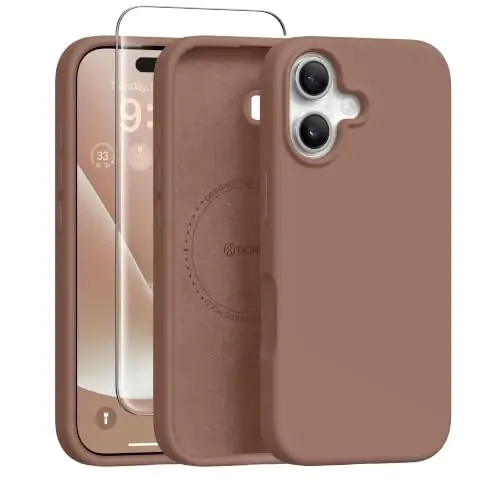 GONEZ Magnetic for iPhone 16 Case, Silicone Cover Brown | Compatible with MagSafe, Camera Button & Screen Protector, Microfiber Lining, 3 Layers Soft Gel Rubber Shockproof Slim 6.1