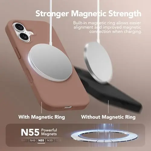 GONEZ Magnetic for iPhone 16 Case, Silicone Cover Brown | Compatible with MagSafe, Camera Button & Screen Protector, Microfiber Lining, 3 Layers Soft Gel Rubber Shockproof Slim 6.1