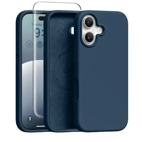 GONEZ Magnetic for iPhone 16 Case, Silicone Cover Dark Blue | Compatible with MagSafe, Camera Button & Screen Protector, Microfiber Lining, 3 Layers Soft Gel Rubber Shockproof Slim 6.1