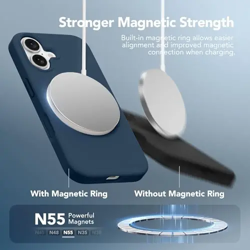 GONEZ Magnetic for iPhone 16 Case, Silicone Cover Dark Blue | Compatible with MagSafe, Camera Button & Screen Protector, Microfiber Lining, 3 Layers Soft Gel Rubber Shockproof Slim 6.1
