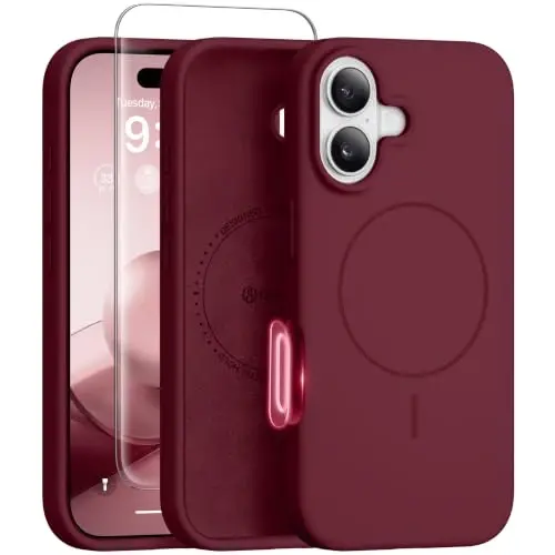 GONEZ Magnetic for iPhone 16 Case, Silicone Cover Maroon | Compatible with MagSafe, Camera Button & Screen Protector, Microfiber Lining, 3 Layers Soft Gel Rubber Shockproof Slim 6.1