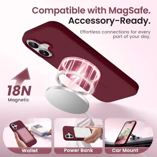 GONEZ Magnetic for iPhone 16 Case, Silicone Cover Maroon | Compatible with MagSafe, Camera Button & Screen Protector, Microfiber Lining, 3 Layers Soft Gel Rubber Shockproof Slim 6.1