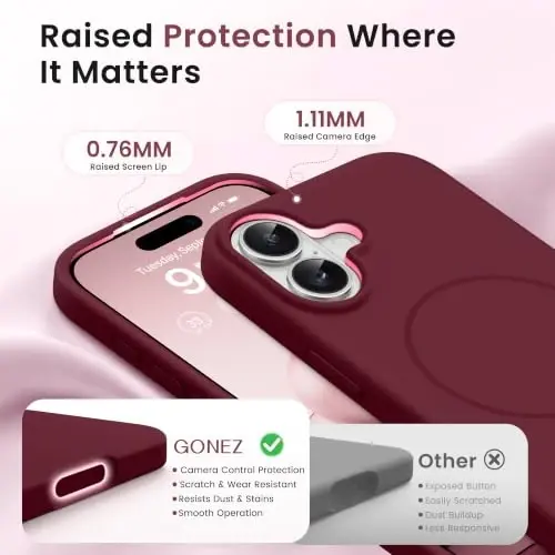 GONEZ Magnetic for iPhone 16 Case, Silicone Cover Maroon | Compatible with MagSafe, Camera Button & Screen Protector, Microfiber Lining, 3 Layers Soft Gel Rubber Shockproof Slim 6.1