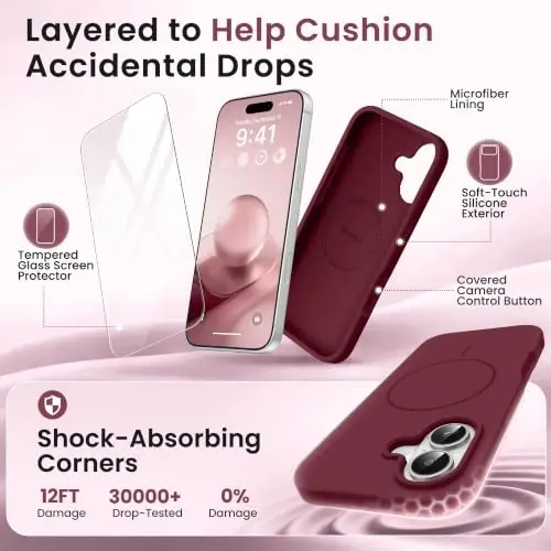 GONEZ Magnetic for iPhone 16 Case, Silicone Cover Maroon | Compatible with MagSafe, Camera Button & Screen Protector, Microfiber Lining, 3 Layers Soft Gel Rubber Shockproof Slim 6.1
