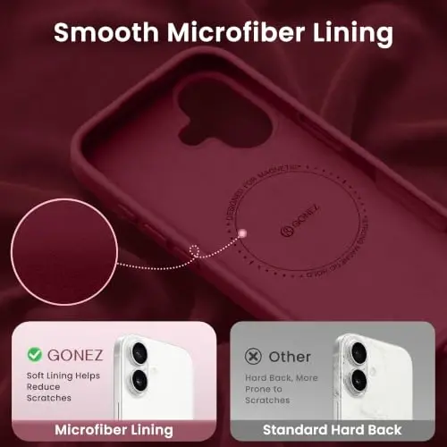 GONEZ Magnetic for iPhone 16 Case, Silicone Cover Maroon | Compatible with MagSafe, Camera Button & Screen Protector, Microfiber Lining, 3 Layers Soft Gel Rubber Shockproof Slim 6.1