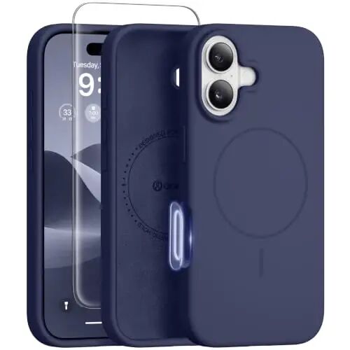 GONEZ Magnetic for iPhone 16 Case, Silicone Cover Navy Blue | Compatible with MagSafe, Camera Button & Screen Protector, Microfiber Lining, 3 Layers Soft Gel Rubber Shockproof Slim 6.1