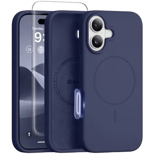 GONEZ Magnetic for iPhone 16 Case, Silicone Cover Navy Blue | Compatible with MagSafe, Camera Button & Screen Protector, Microfiber Lining, 3 Layers Soft Gel Rubber Shockproof Slim 6.1