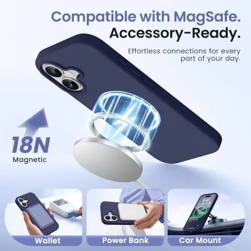 GONEZ Magnetic for iPhone 16 Case, Silicone Cover Navy Blue | Compatible with MagSafe, Camera Button & Screen Protector, Microfiber Lining, 3 Layers Soft Gel Rubber Shockproof Slim 6.1