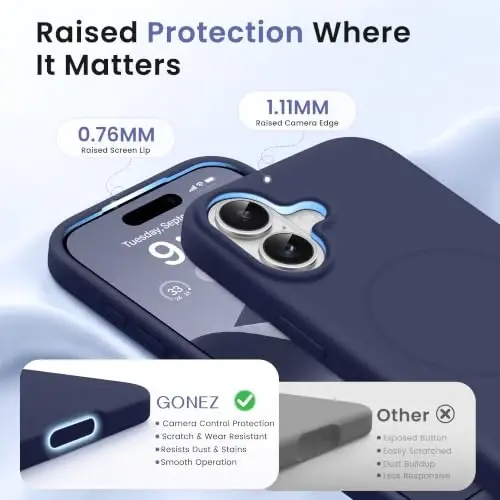 GONEZ Magnetic for iPhone 16 Case, Silicone Cover Navy Blue | Compatible with MagSafe, Camera Button & Screen Protector, Microfiber Lining, 3 Layers Soft Gel Rubber Shockproof Slim 6.1