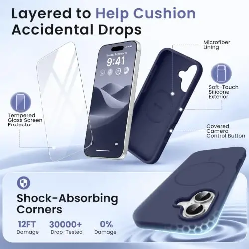 GONEZ Magnetic for iPhone 16 Case, Silicone Cover Navy Blue | Compatible with MagSafe, Camera Button & Screen Protector, Microfiber Lining, 3 Layers Soft Gel Rubber Shockproof Slim 6.1