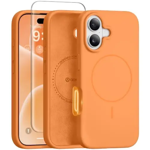 GONEZ Magnetic for iPhone 16 Case, Silicone Cover Orange | Compatible with MagSafe, Camera Button & Screen Protector, Microfiber Lining, 3 Layers Soft Gel Rubber Shockproof Slim 6.1