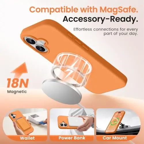 GONEZ Magnetic for iPhone 16 Case, Silicone Cover Orange | Compatible with MagSafe, Camera Button & Screen Protector, Microfiber Lining, 3 Layers Soft Gel Rubber Shockproof Slim 6.1