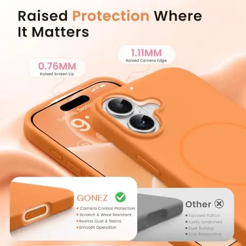 GONEZ Magnetic for iPhone 16 Case, Silicone Cover Orange | Compatible with MagSafe, Camera Button & Screen Protector, Microfiber Lining, 3 Layers Soft Gel Rubber Shockproof Slim 6.1